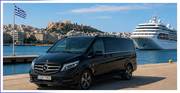 Mercedes minivan beside a cruise ship for an Athens shore excursion